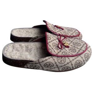 TORY BURCH T Women’s Size7.5 MONOGRAM CHARM SHEARLING MULE Beige & Burgundy